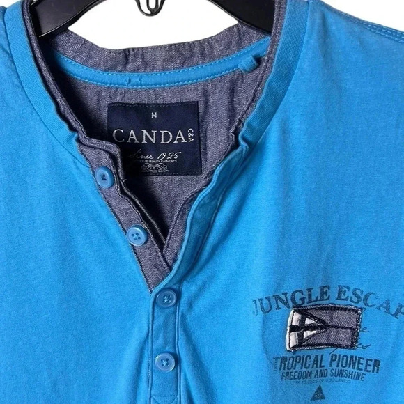 CANDA men medium cotton shirt, turquoise , contrast trim , patch added, coastal - Picture 5 of 10